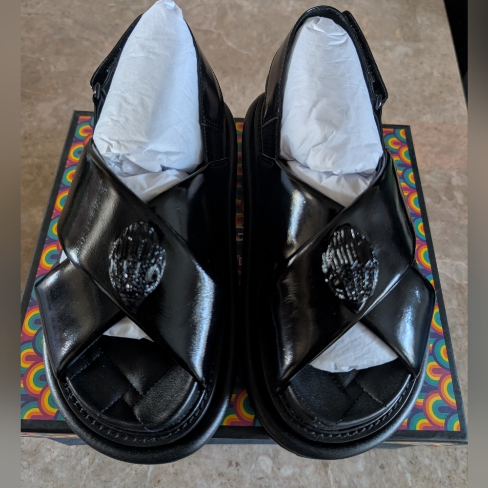 Kurt Geiger Landon Oroson Patent Cross Strap Platform Black Leather Sandal $240 - Picture 10 of 11